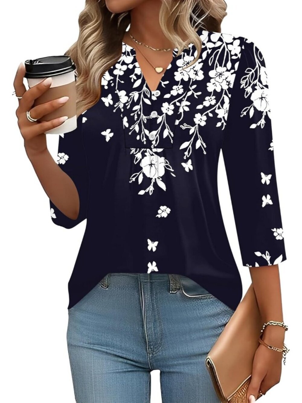 Women's Navy White Long Sleeve Casual Henley V-Neck Floral T-Shirts Loose Fit - Picture 2 of 5